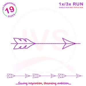 Puede incluir: Un diseño de bordado de flecha morado con 19 tamaños disponibles. El diseño es para bordado de una y tres pasadas. El texto "...Sewing inspiration, threading ambition..." está en la parte inferior de la imagen.