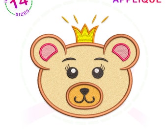 Princess Bear Face Applique Embroidery Design (Digital Download)