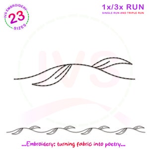 May include: Black and white embroidery design of a stylized wave with leaves. The design is labeled "1x/3x RUN SINGLE RUN AND TRIPLE RUN". The text "...Embroidery: turning fabric into poetry..." is at the bottom of the image.