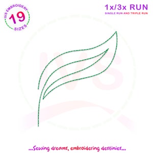 Könnte beinhalten: Ein Stickmuster mit einem grünen Blattdesign mit drei Stichen. Das Muster ist mit "1x/3x RUN SINGLE RUN AND TRIPLE RUN" beschriftet.