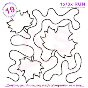 May include: Black and white embroidery design featuring stylized leaf shapes and flowing lines. The design includes the text "19 SIZES" and "1x/3x RUN SINGLE RUN AND TRIPLE RUN". The phrase "...Crafting your future, one stitch of inspiration at a time..." is also included.