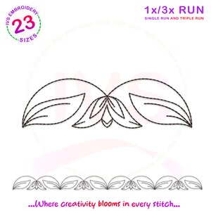 Könnte beinhalten: Schwarz-weißes Linienkunst-Stickmuster einer stilisierten Blume mit Blättern. Das Design ist mit "1x/3x RUN SINGLE RUN AND TRIPLE RUN" beschriftet. Der Text "...Where creativity blooms in every stitch..." befindet sich am unteren Rand des Bildes.