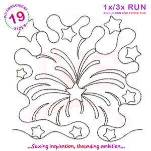 May include: A black and white line drawing of a firework with stars. The text "1x/3x RUN" is above the image. The text "SINGLE RUN AND TRIPLE RUN" is below the text "1x/3x RUN". The text "...Sewing inspiration, threading ambition..." is below the image.