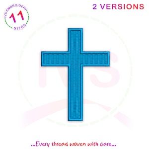 May include: A blue cross embroidery design with 2 versions. The cross is outlined in a darker blue and has a woven texture.