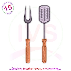 May include: A set of two kitchen utensils, a fork and a spatula, with brown wooden handles. The fork is silver with two prongs and the spatula is purple with a flat, rectangular blade.