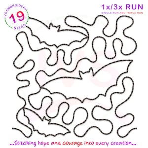 May include: A digital embroidery design featuring a bat silhouette. The design is available in 19 sizes and can be stitched in a single or triple run. The text "1x/3x RUN" and "SINGLE RUN AND TRIPLE RUN" is included in the image.