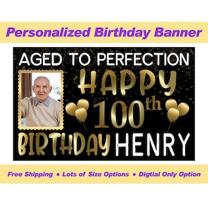 Happy Birthday Banner With Photo - Aged to Perfection, Personalized Vinyl Birthday Banner, Birthday Decoration.  100th 90th 80th 75th 50th