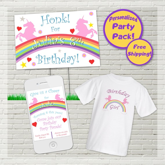 Unicorn Birthday Yard Sign, Digital Drive By Invitations and Birthday Shirt Party Pack, Lawn Sign Stand Included, Car Parade, Personalized Il_570xn