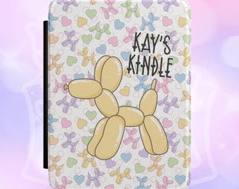 Personalized Balloon Dog Kindle Case - Cute Pastel Heart Pattern eReader Cover