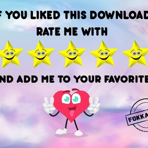 May include: A cartoon heart with a smiling face and tongue sticking out, giving a peace sign with both hands. The text "IF YOU LIKED THIS DOWNLOAD RATE ME WITH" is above five yellow stars with smiling faces. The text "AND ADD ME TO YOUR FAVORITES!" is below the stars. The text "FOKKASHOP" is in a black circle stamp.