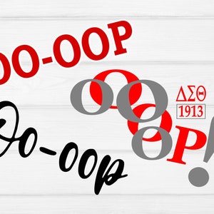 Puede incluir: Un gráfico rojo y gris con el texto "OO-OOP!" y "Delta Sigma Theta 1913".