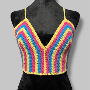 Pansexual pride retro stripe top, crochet bralette, festival rave boho crop top, premade size S/M