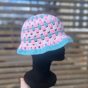 Trans pride granny square bucket hat, handmade crochet accessory, pride, lgbtq, summer headwear