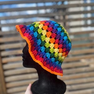 Rainbow pride granny square bucket hat, handmade crochet accessory, pride, lgbtq, summer headwear