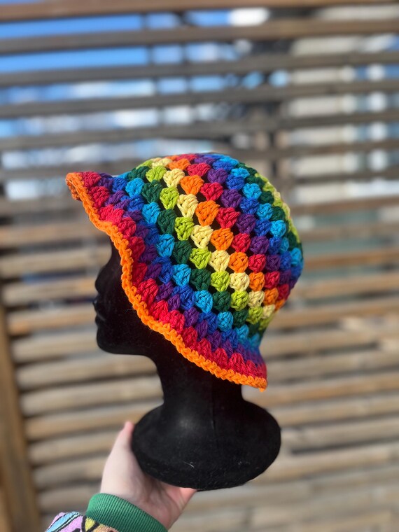 Crochet Bucket Hat Granny Square Pattern Rainbow Colors Taller Adult Handmade Crochet Bucket Hat Granny Square Pattern Rainbow Colors  main image 4