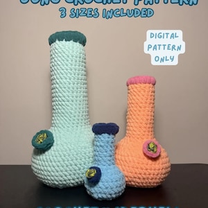 May include: Three crochet bong-shaped items in light green, light blue, and orange with dark rims and small circular attachments. Text reads: BONG CROCHET PATTERN 3 SIZES INCLUDED, DIGITAL PATTERN ONLY, and CROCHETMADEBYELI. These are soft, yarn-based creations.