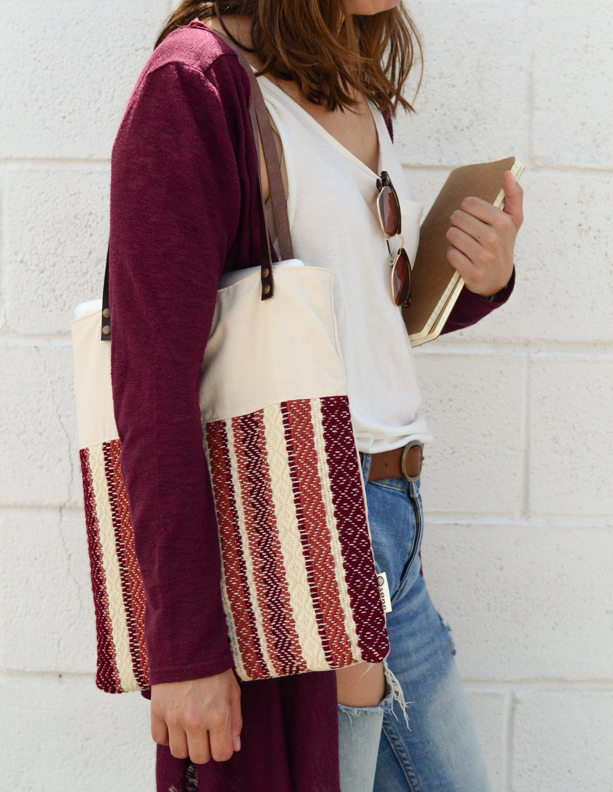 Boho shoulder bag from natural wool fabric Leather strap boho Etsy