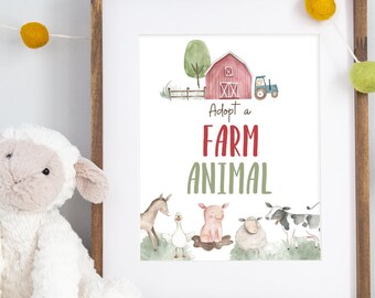 Adopt a farm animal sign, Farm party decor, Boy Birthday decorations, Petting Zoo party, Barnyard bash birthday - 11B