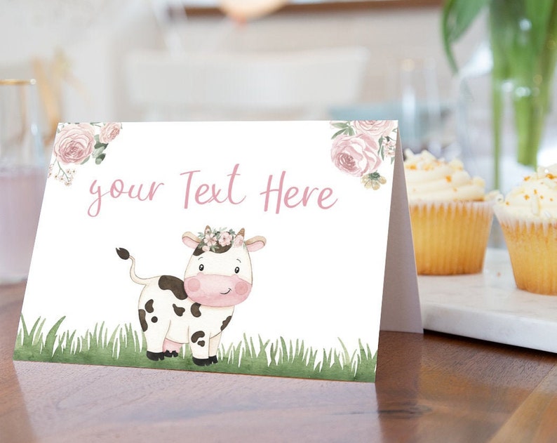 Cow Place Cards Girl farm birthday decorations Floral Cow baby shower decor Food Labels Dessert table tent cards 11A