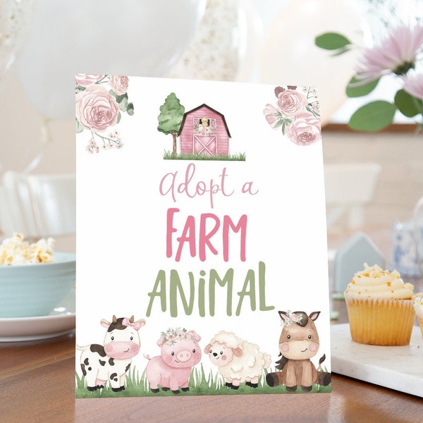 Adopt a farm animal sign, Girl Farm table signs, Floral Farm Party sign printable, Girl Birthday table decoration, Pink barnyard party - 11A