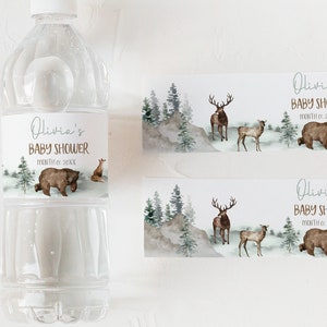 Étiquettes modifiables d'eau des bois, étiquettes de bouteille d'eau de baby shower garçon, étiquettes imprimables sur le thème de la forêt, baby shower des bois - 47H
