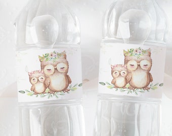 Etiquetas de agua de búho, Etiquetas de botellas de agua de baby shower niña, Etiquetas imprimibles con tema de búho - 78A2