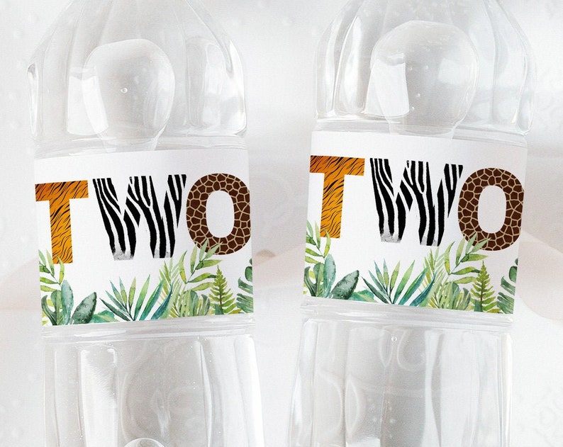 Safari water bottle labels Safari 2nd birthday decorations Animal Print TWO Wild birthday boy decorations Jungle party
