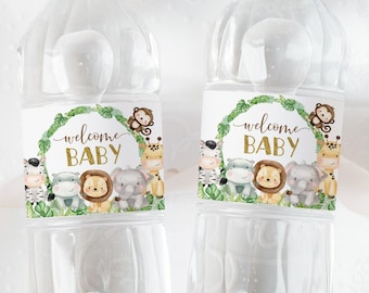 Willkommen Baby Safari Wasserflaschen Etiketten, Dschungel-Babyparty-Dekorationen, bedruckbare Etiketten, Instant Download - 35E
