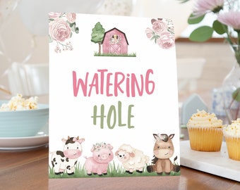 Watering Hole sign, Girl Farm party sign, Drinks table signs, Floral Farm Birthday, Girl baby shower decoration, Pink barnyard party - 11A