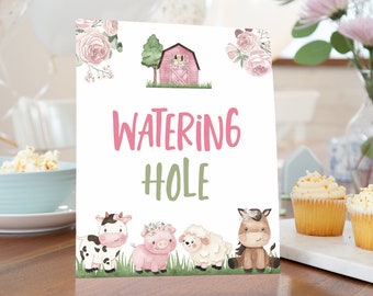 Watering Hole teken, Girl Farm party sign, Drinks table signs, Floral Farm Verjaardag, Girl baby shower decoratie, Pink barnyard party - 11A