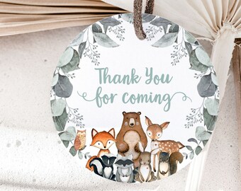 Etiketter med tackmotiv i skogen, Etiketter med tackmotiv i skogen, Babyshower i skogen, Födelsedag med skogsdjur, Etiketter med skogsklistermärken - 47J1