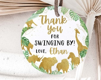 Editable Safari Animals Thank You tags, Gold safari Birthday Decorations, Jungle Party Labels, Safari Round Tags, Safari Stickers - 35K