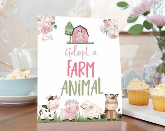 Adopt a farm animal sign, Girl Farm table signs, Floral Farm Party sign printable, Girl Birthday table decoration, Pink barnyard party - 11A