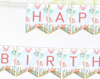 Girl Under The Sea banner, Happy Birthday pennant, Ocean party decorations, Underwater animals party printable, Instant Download - 44A