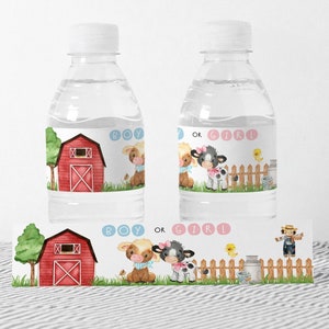 Farm water labels, Gender Reveal water bottle labels, Boy or Girl, Barnyard theme printable labels - 11C3
