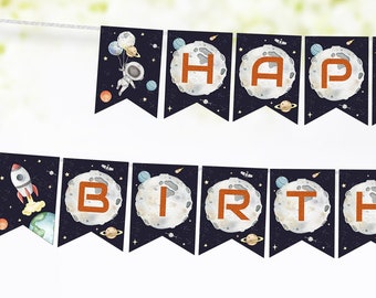 Space Happy Birthday banner, Astronaut birthday decorations, Outer Space party printables, Instant Download - 39C