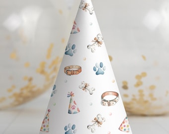 May include: White party hat with a pom-pom on top, decorated with dog-themed illustrations. The design includes paw prints, bones, collars, and party hats. The background features clear balloons with gold confetti, suggesting a celebration.