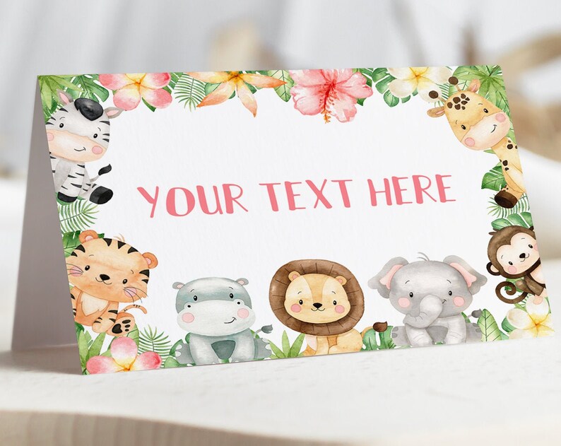 Girl Safari Place Cards Floral Jungle birthday decorations Safari baby shower Jungle theme Food Labels Dessert table tent