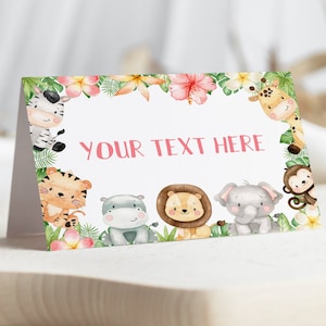 Segnaposti Girl Safari, decorazioni di compleanno floreali nella giungla, baby shower Safari, etichette alimentari a tema giungla, carte tenda da tavolo da dessert - 35E