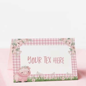 Marque-places modifiables pour cochon, décorations d'anniversaire pour petite fille cochon, cartes pour table à desserts, décoration florale de fête pour cochon, marque-places de ferme - 81A