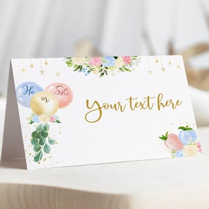 Tarjetas de lugar editables para él o ella, decoraciones de revelación de género, decoración de baby shower con globos, etiquetas de alimentos de color rosa azul, tarjeta de tienda de campaña para mesa de postres - 130A