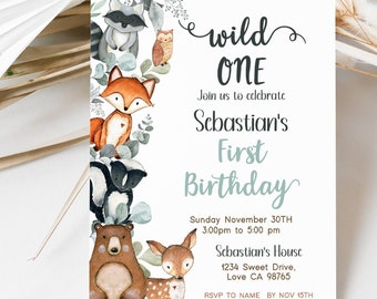 Woodland Greenery 1st Birthday Invitation, Forest Animals birthday invitation Boy, First Birthday Printable Invite, Wild One Birthday - 47J1