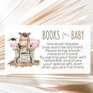 Boeken voor babyverzoek, bijsluiter uitnodiging boerderijbabyshower, kaart met verzoek om boek, boerenerfbabyshower, neem een boek mee in plaats van een kaart - 11E