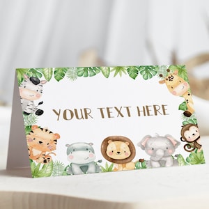 Segnaposto Safari, decorazioni di compleanno nella giungla, baby shower Safari, etichette alimentari a tema giungla, carte tenda da tavolo da dessert - 35E