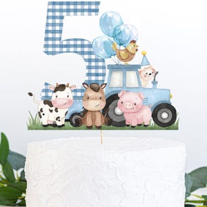 May include: Blue and white gingham number five cake topper with a farm theme. The topper features a blue tractor with a pig, cow, horse, and a chicken on top. There are blue balloons behind the number.