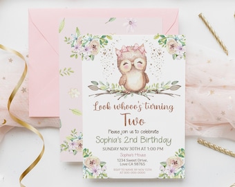 EDITABLE Owl Birthday Invitation, Girl birthday party invite, Owl party printables, Pink owl birthday invite, Floral owl birthday party 78A1