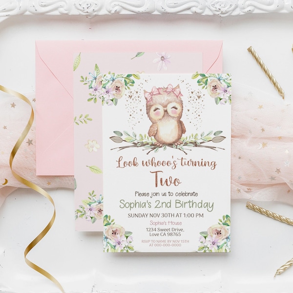 EDITABLE Owl Birthday Invitation, Girl birthday party invite, Owl party printables, Pink owl birthday invite, Floral owl birthday party 78A1