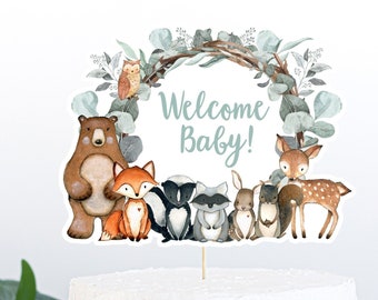 Woodland  Animals cake topper, Woodland Centerpiece, Welcome Baby cake topper, Woodland baby shower decorations, Woodland Diaper cake - 47J1