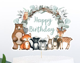 Woodland  Animals cake topper, Woodland Centerpiece, Happy Birthday cake topper, Woodland Party decorations, Woodland Birthday Party - 47J1