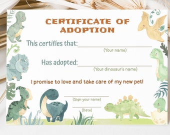 Dinosaur adoption certificate, Adopt an animal, Pet adoption party certificate, Dino birthday game, Boy party printables, Baby Dinosaurs 08B